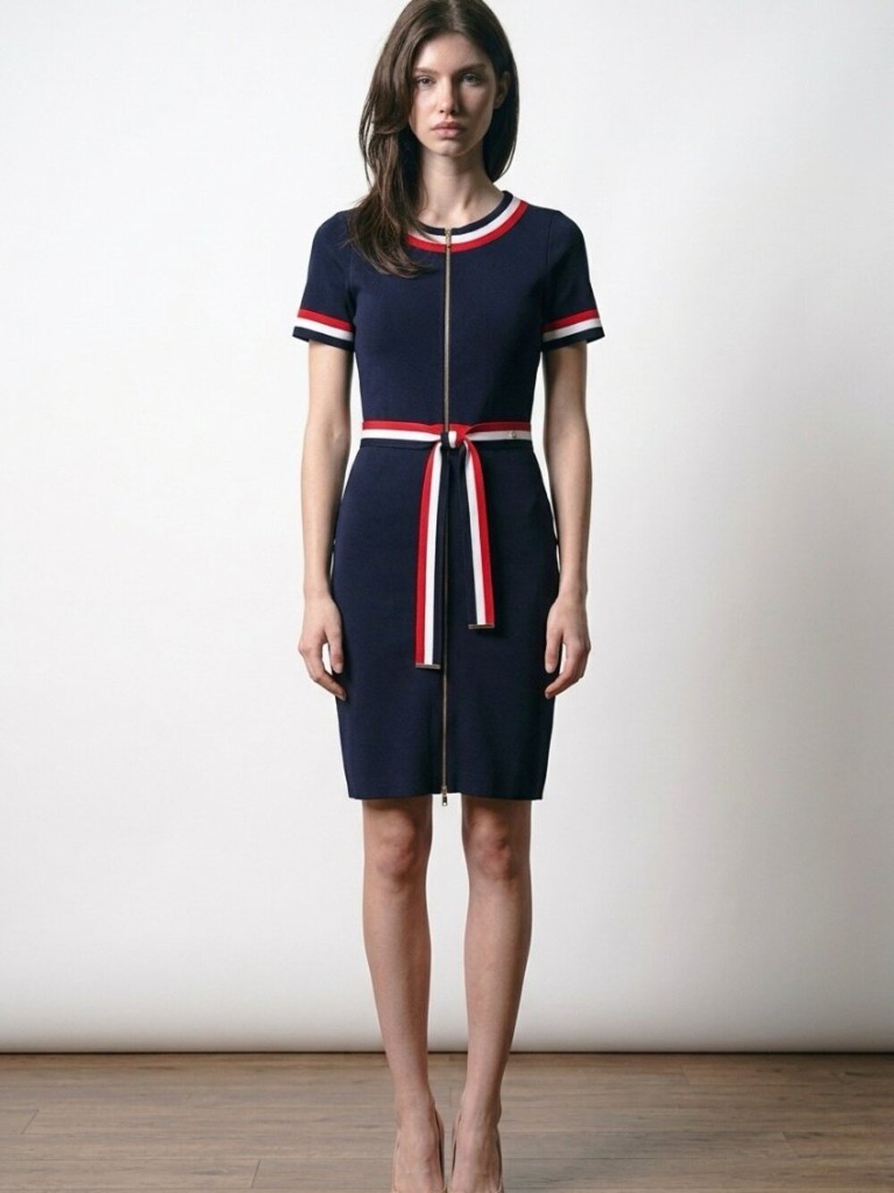 Carolina Herrera Navy Knit Zip Front Belted Dress Sz S